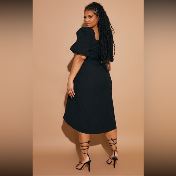 Plus Black Puff Sleeve Ruched Side Split Midi Dress from PrettyLittleThing - Picture 2 of 5